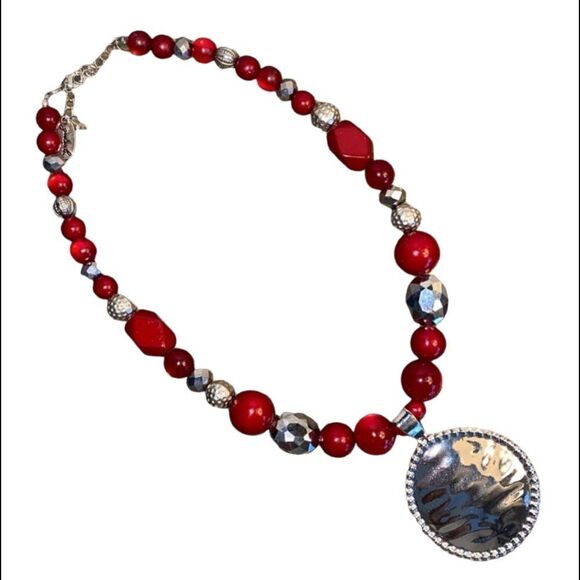 JULES B Silver-Tone Pendant and Red Acrylic Beaded Necklace - Picture 2 of 6